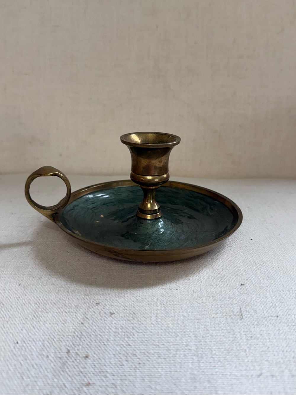 Brass Chamberstick Candle Holder With Handle Gold/Green Painted Round Taper